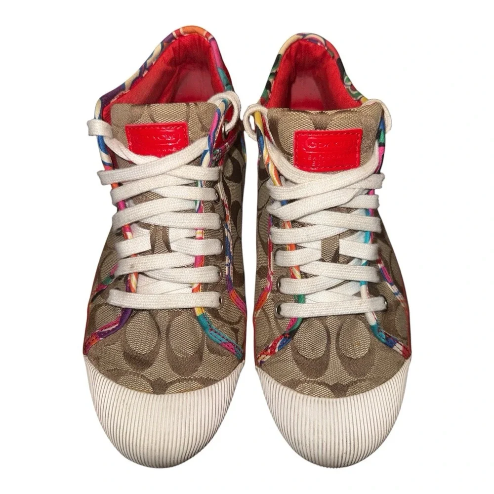 Y2K Coach Poppy High Top Signature Jacquard Canvas Leather Sneakers Womens 8.5